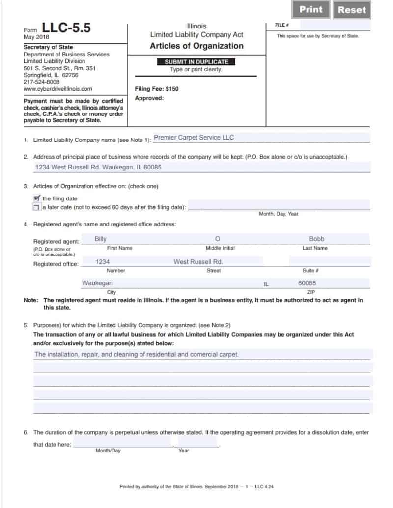 Articles Of Organization for Illinois 1